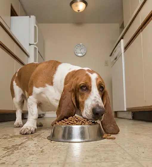 Perro frente a plato de concentrado